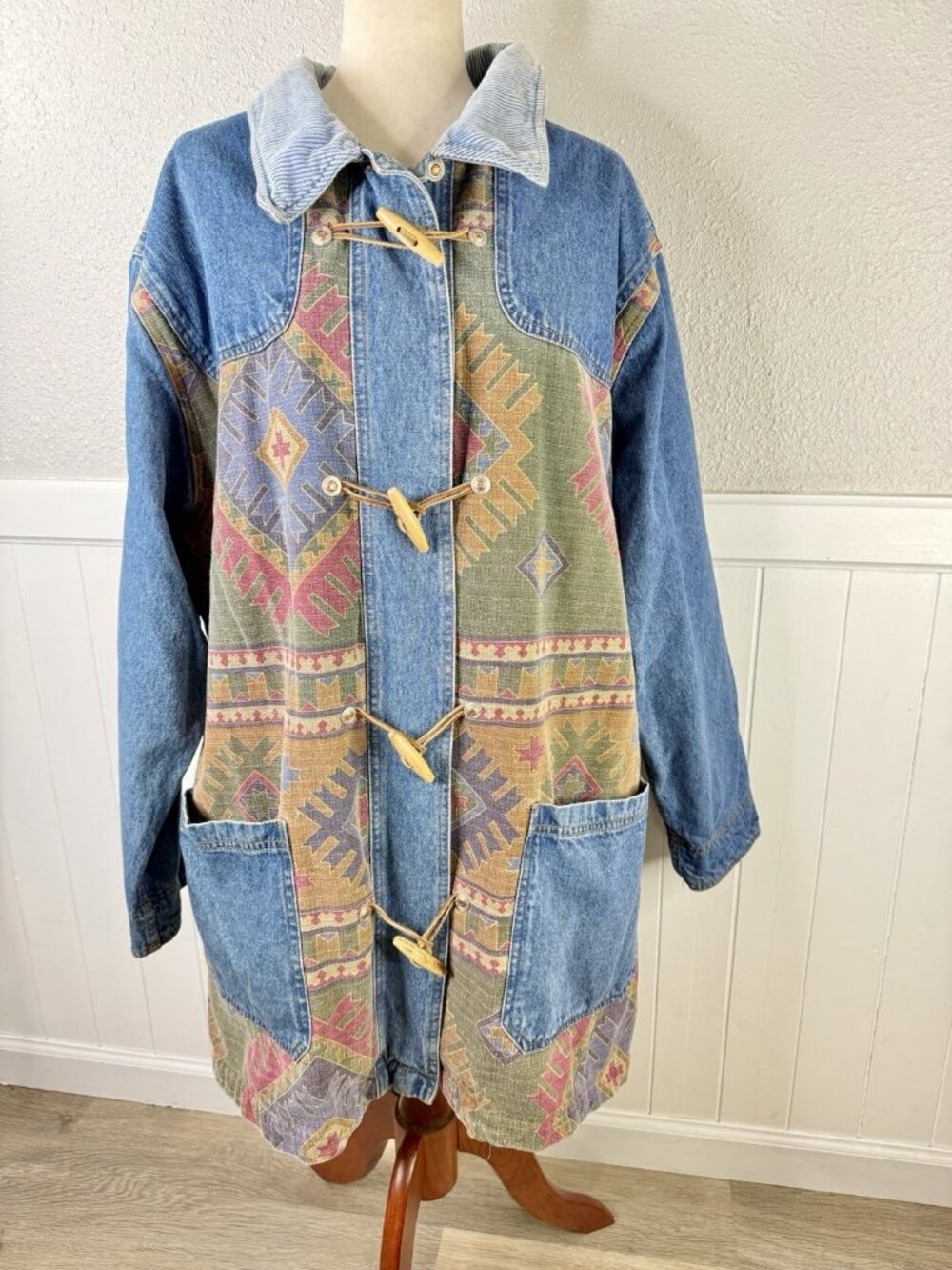 Vtg Denim Corduroy Collar Chore Barn Field Jacket Womens 26/28 Aztec Tribal